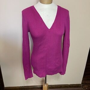 LAUREN RALPH LAUREN Pink Sweater L Pullover V Neck Ribbed Cotton Stretch Casual‎